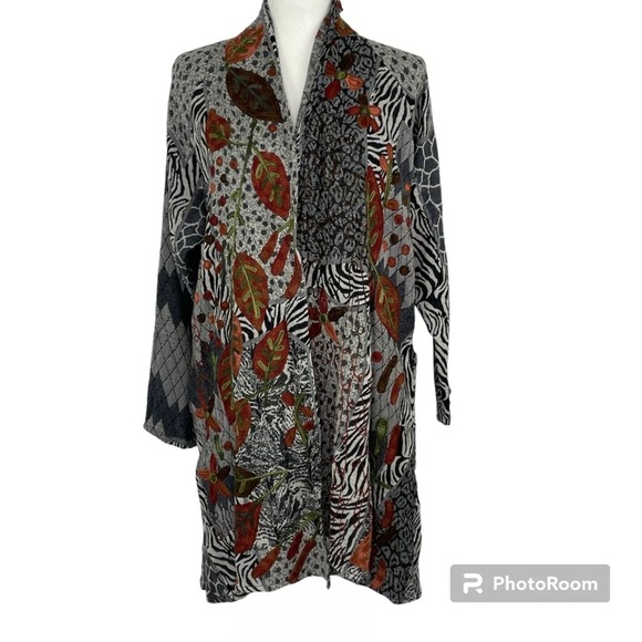Soft Surroundings Jacket Cardigan Size L/XL Embroidered Open Front Animal Leaf - Picture 4 of 16
